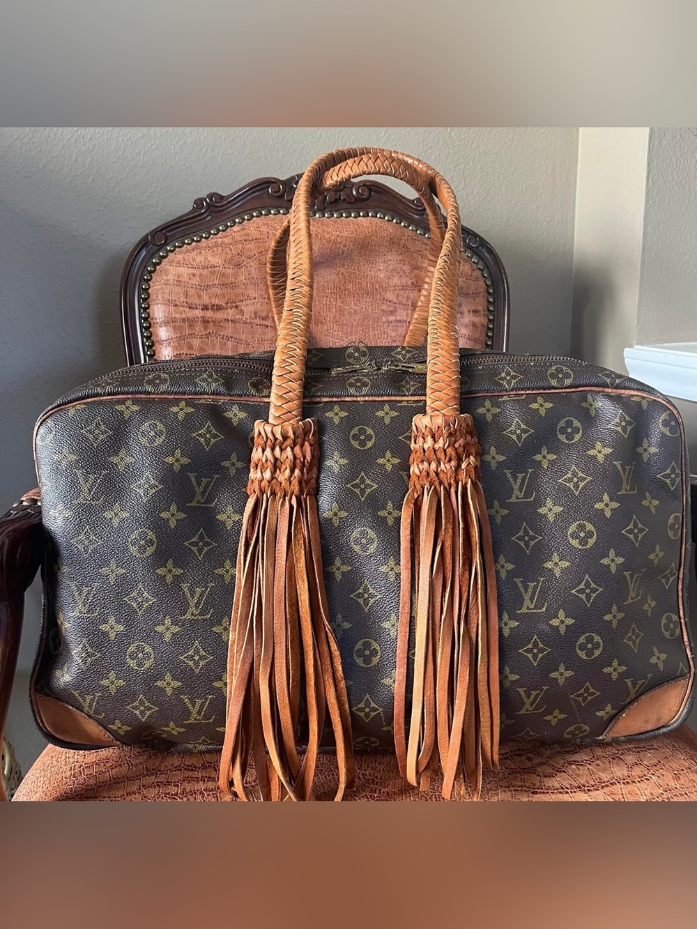 Authentic Louis Vuitton Monogram Upcycled Sac Trois Poches 50 Travel Bag Fringe